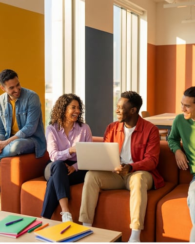 Group of workers around a laptop