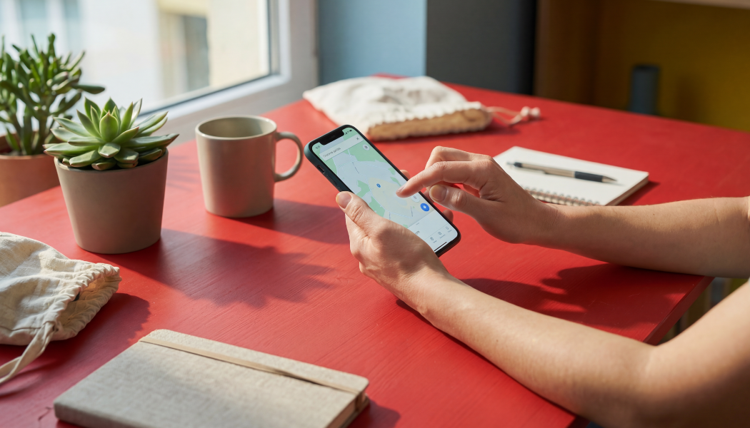 Person holding phone at table